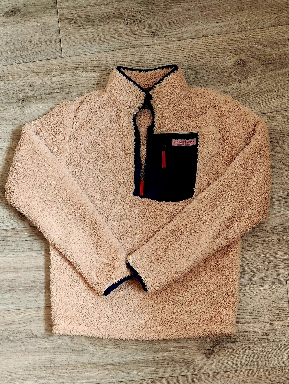 VIineyard Vines Sherpa Pullover Sweater - Tan with Navy Trim